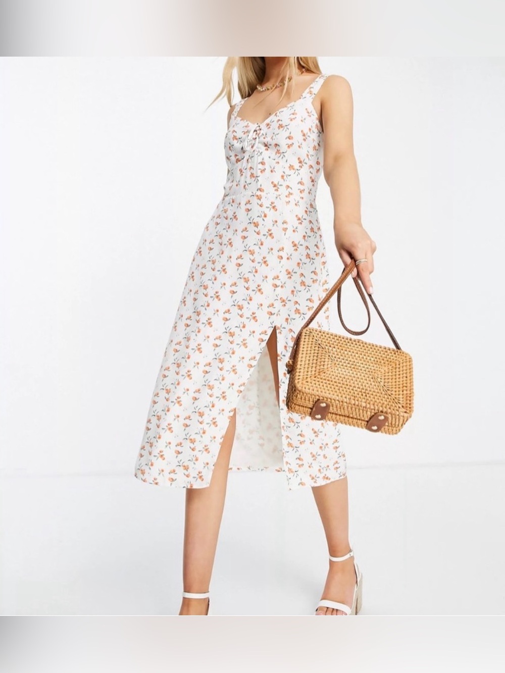 Abercrombie & Fitch Cinch-Front Midi Dress in Peach Print Small - Picture 2 of 16